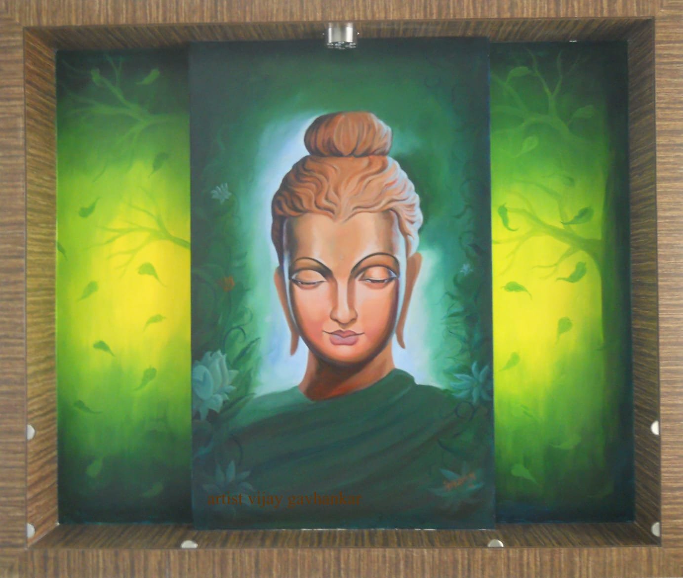 Meditating Buddha Triptych Wall Panel — Green Zen Decor Art
