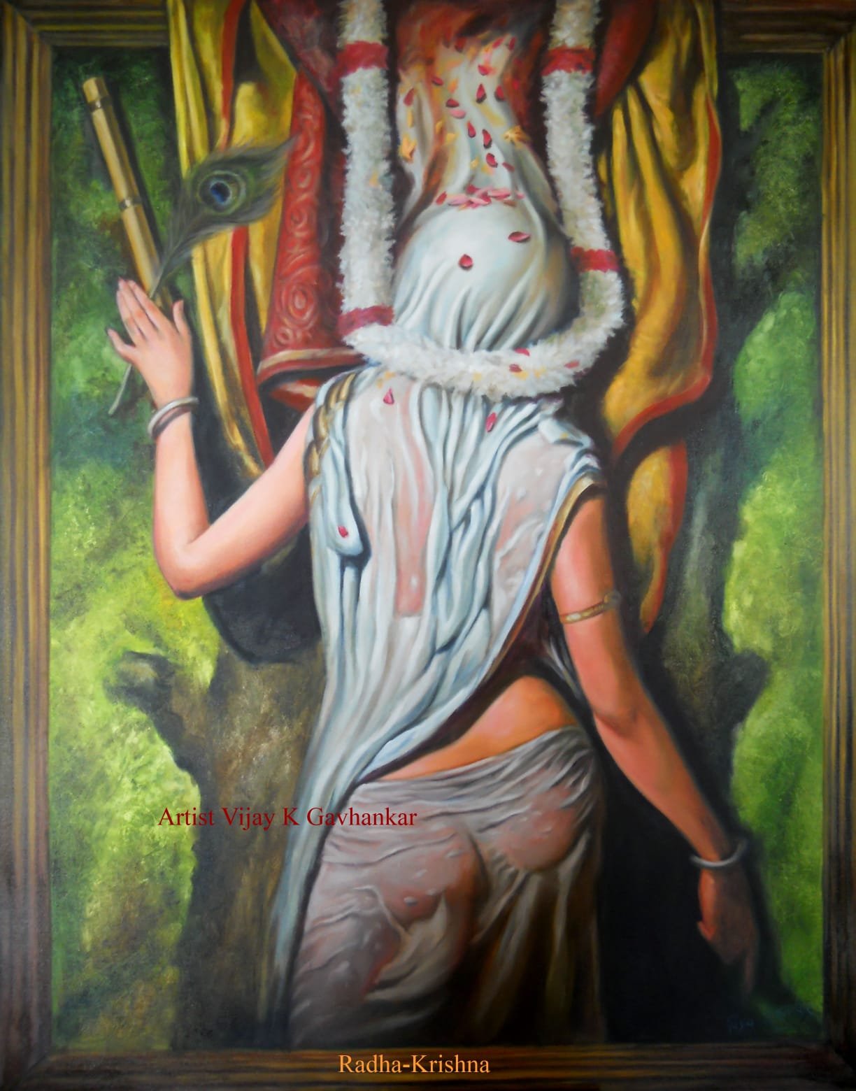 Radha Krishna Painting — Flute, Peacock Feather & Garland Oil Art