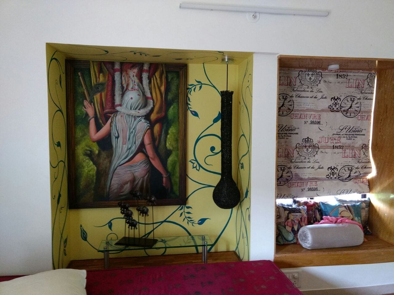 Radha Krishna Painting in Designer Wall Niche — Home Shrine Interior