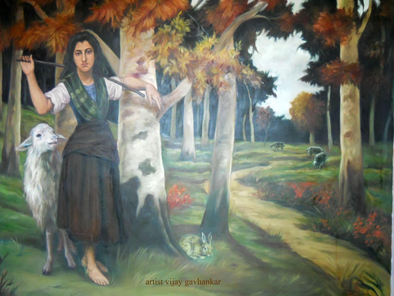 Shepherdess in Autumn Forest — Classical Pastoral Oil Painting