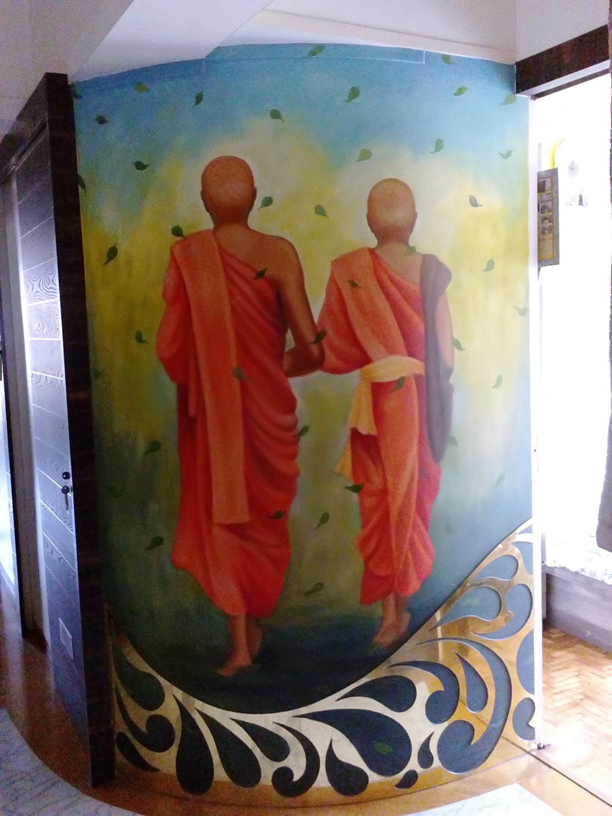 Two Buddhist Monks Wall Mural — Saffron Robes Walking Together